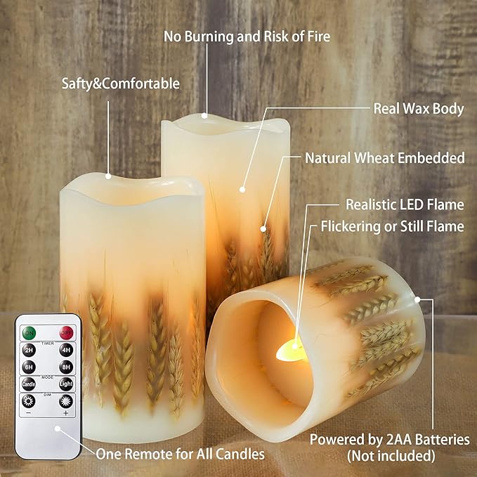 3 Pack Wheat Flickering Candles, Fall Decor Flameless Candles, Farm House Realistic Pillar Candle with Remote&Timer for Havest Celebration,Fall Decor, Home, Party