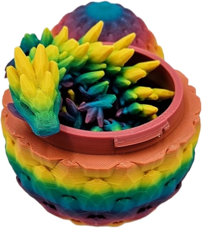 3D Printed Dragon Egg Articulating Gemstone Dragon Fidget Figurine - Vibrant Color Dragons Flexible ADHD, Autism and Anxiety Relief - Articulated Joints (Rainbow)