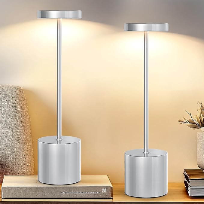 Cordless Table Lamp – 2 Pack Rechargeable Table Lamps, 5000mAh Battery Operated Lamp with 3-Color Dimmable Light, Outdoor Table Lamp for Bedroom, Restaurant, Patio, Home Décor (Silver)