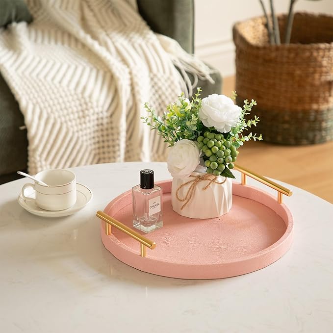 Modern Decorative Tray, Set of 2 Round Shagreen Serving Tray with Gold Polished Metal Handles, Coffee Table Ottoman Trays Perfume Trays Living Room Bathroom Home Decor (Pink)