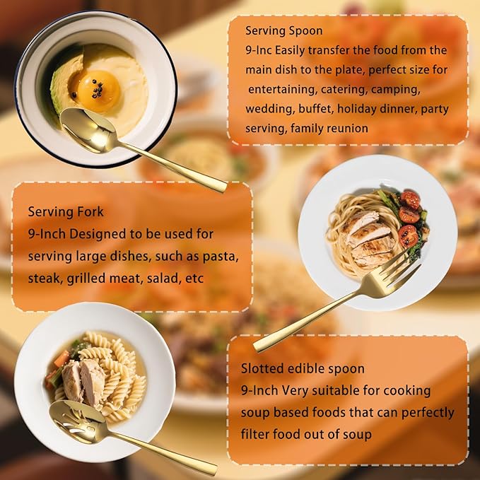 Large Hostess Serving Utensils Set, Stainless Steel Heavy Duty Serving spoons, Slotted Spoons, Serving Fork, Cake Server, Butter Knife, Dishwasher Safe (Gold)