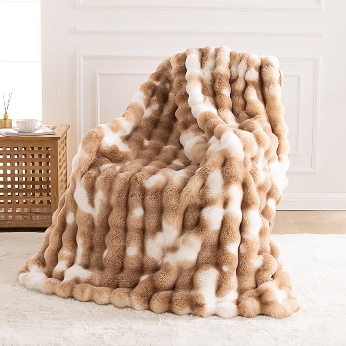 Cozy Faux Fur Throw Blanket for Bed Warm Fuzzy Throw Blanket, Soft Plush Thick Bubble Blankets for Bedroom and Living Room, Furry Luxury Blanket, 60 x 80, Tie-Dye Brown