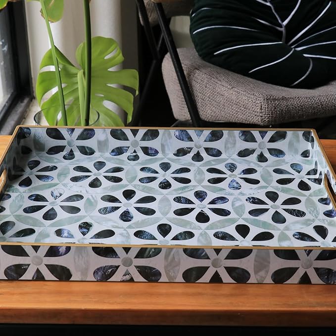 Boho Sturdy Acrylic Serving Tray with Handles, Rectangular for Coffee Table, Food, Breakfast - Kitchen Countertop, Ottoman - Plastic Decorative, 15.7" x 11.8"