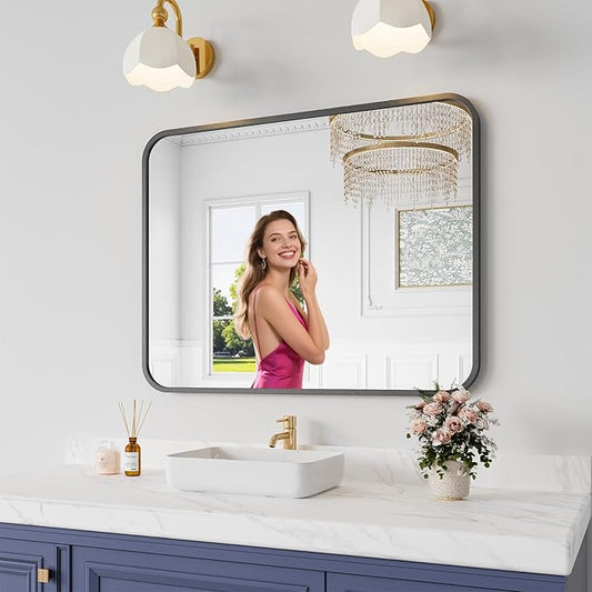 Bathroom Mirror, 28X36 Inch Black Metal Framed Mirror for Bathroom, Tempered Glass, Anti-Rust, Rounded Rectangle Mirror for Restroom, Bedroom, Black