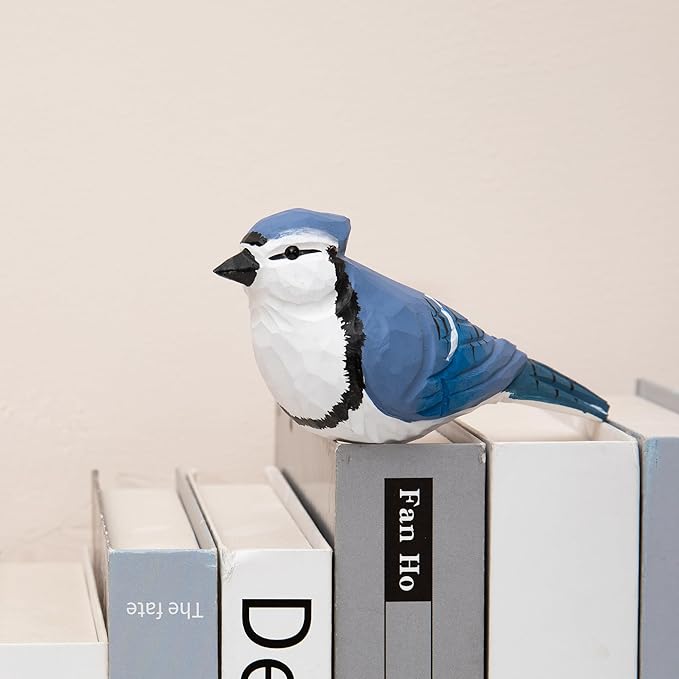 Handmade Wooden Blue Jay Bird Figurine – Backyard Blue Jay Home Decor, Cute Jay Knick-Knack for Bird Lovers, Unique Gift for Women, Mom, Friends – Rustic Nature Home Ornament