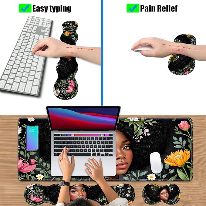 4 in 1 Ergonomic Keyboard Wrist Rest & Mouse Pad Wrist Rest Set, Large XXL Gaming Desk Mat 31.5"x 11.8" with Non-Slip Base, Memory Foam for Home Office Study Gaming, American Black Girl