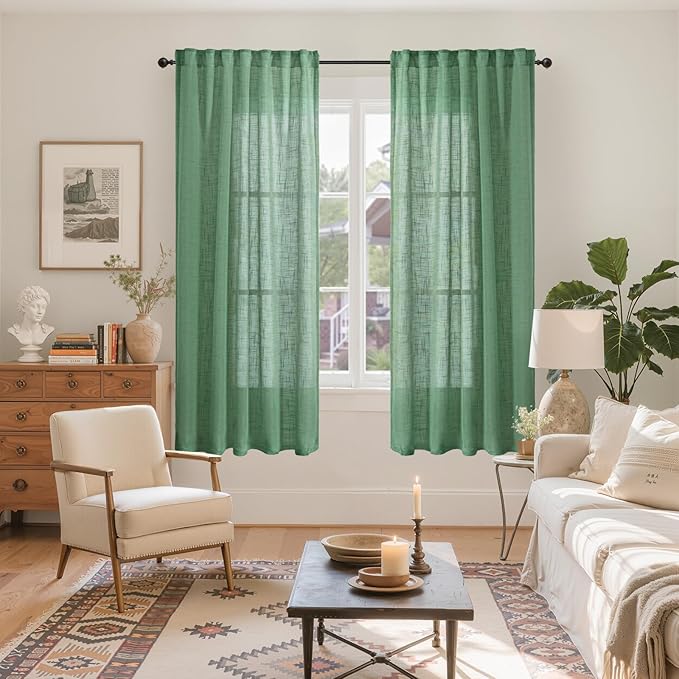 YoungsTex Green Linen Semi Sheer Curtains 63 Inch Length for Living Room Window, Light Filtering Drapes Rustic Textured with Rod Pocket Back Tab for Bedroom, 2 Panels, 42 X 63 Inch