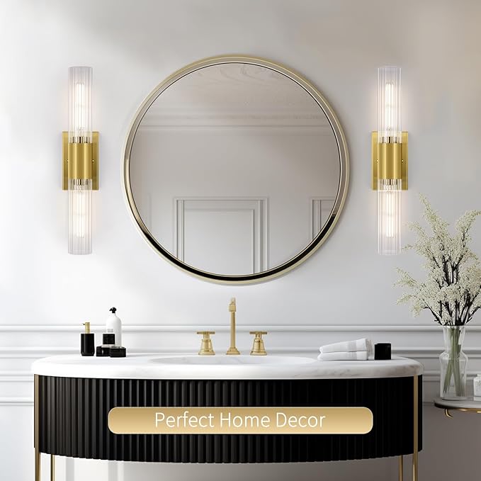 Wall Sconces Set of Two - Gold Bathroom Sconces Wall Lighting with Threaded Glass Wall Lighting Fixtures Mounted Lamps for Bedroom, Bathroom, Living Room, Hallway (Gold Water Pattern)