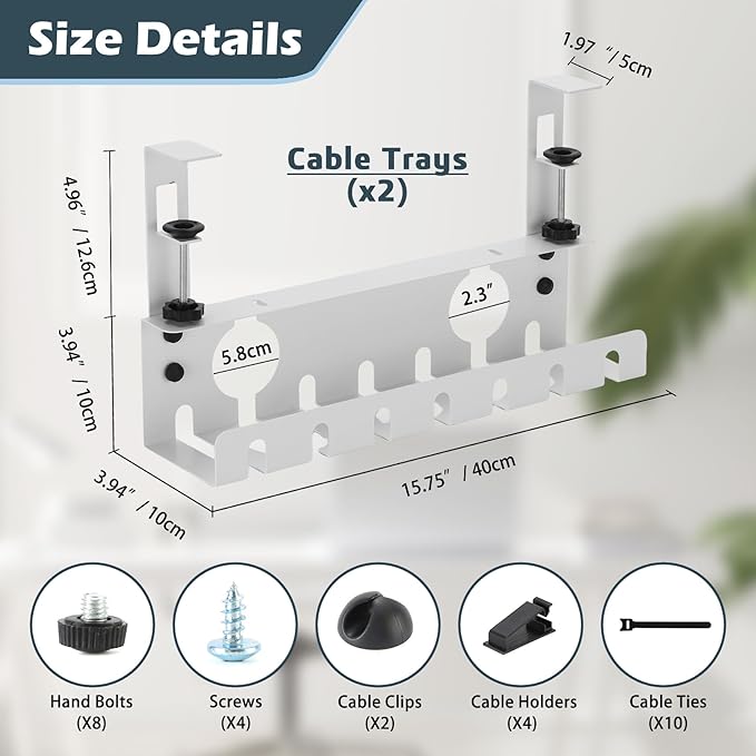 Under Desk Cable Management Tray 2 Pack White, No Drill Cord Organizer with Clamp for Wire Management, Home & Office Accessories