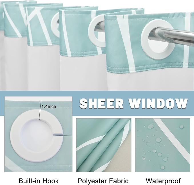 No Hook Ombre Teal Striped Shower Curtain with Snap in Liner Set - Hotel Shower Curtain and Liner Set with See Through Mesh Top Window,Machine Washable, 71x74 INCH