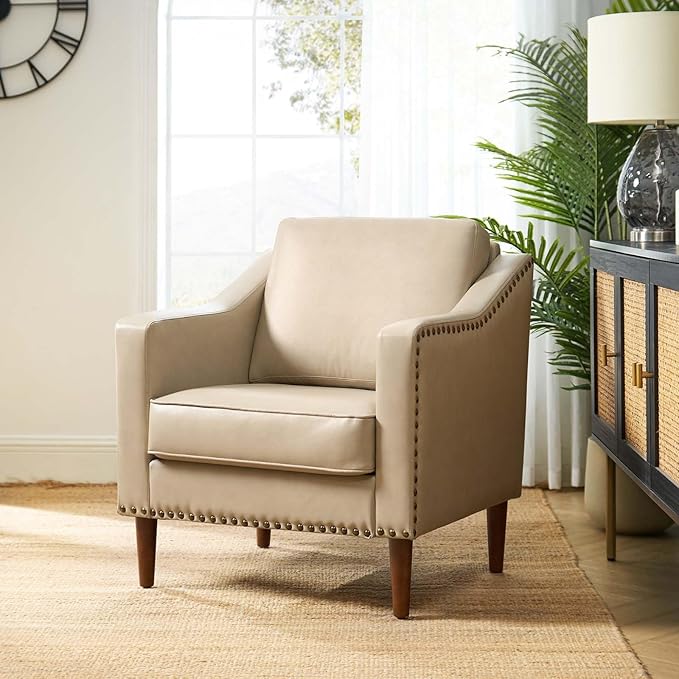 HULALA HOME Faux Leather Accent Armchair with Back & Seat Cushions, Traditional Club Chair with Nailhead Trim, Comfy Upholstered Sofa Chair for Living Room Bedroom, Beige