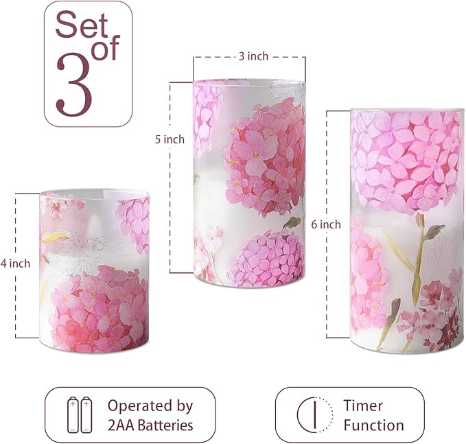 Flameless Candles Flicker LED Flame-Simulated, Pink Hydrangea Love Theme Realistic Glass Candles with Remote Timer, Lady's Gift Home Decor Bedroom Dinner Table Ornament 3" x 4" 5" 6"