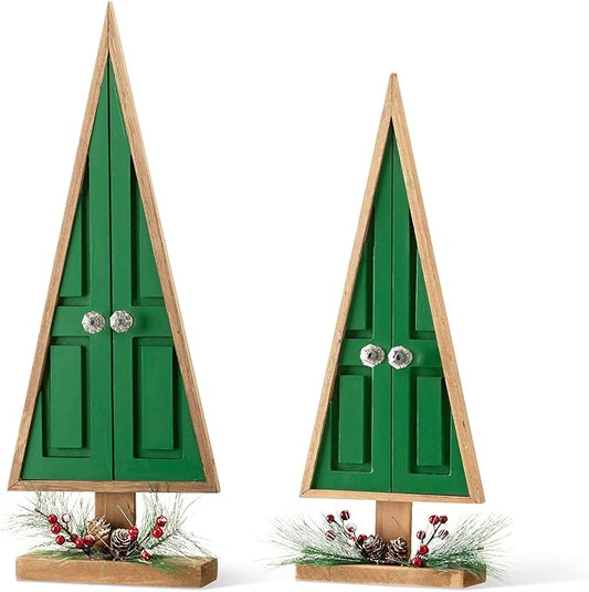 Glitzhome Tabletop Wooden Christmas Tree Set of 2 with Pinecones and Berries for Xmas Holiday Home Decorations, 19" H, Green