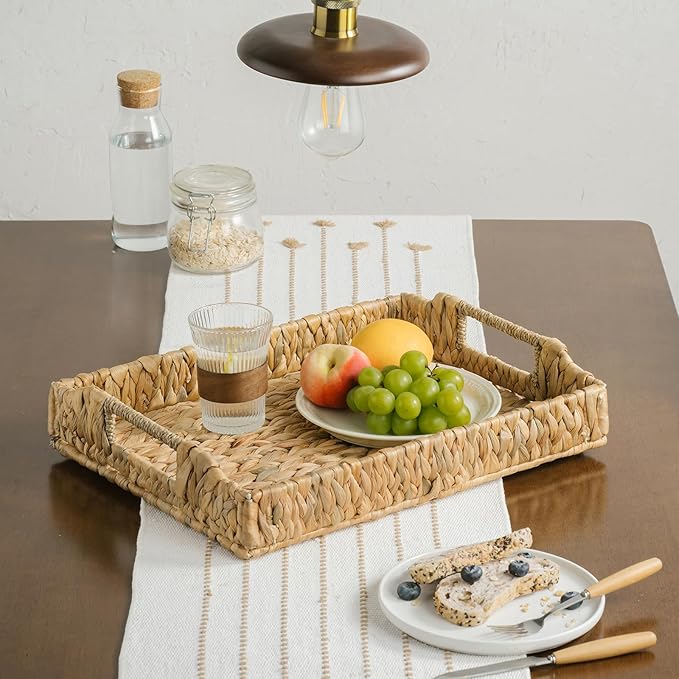 Rectangle Wicker Scalloped Serving Tray with Handles - Seagrass Handwoven Trays,Water Hyacinth Tray for Home Decor and Living Room, Dining Table, Bathroom Organizing, 16.9" L x 12.9" W x 1.96" H