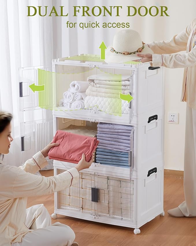 OlarHike 76QT Lockable Storage Bins with Lids - Folding Storage box with Doors and Wheels, Collapsible Plastic Bins for Closets, Stackable Organizer and Containers, Christmas Gifts, 3 Pack Cubes