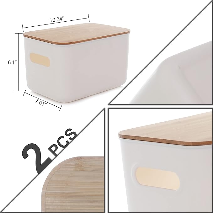 Citylife 2 Packs Plastic Storage Bins with Bamboo lids Stackable Storage Containers for Organizing, Bundled with Labels and Marker 10.24 x 7.01 x 6.1 inch