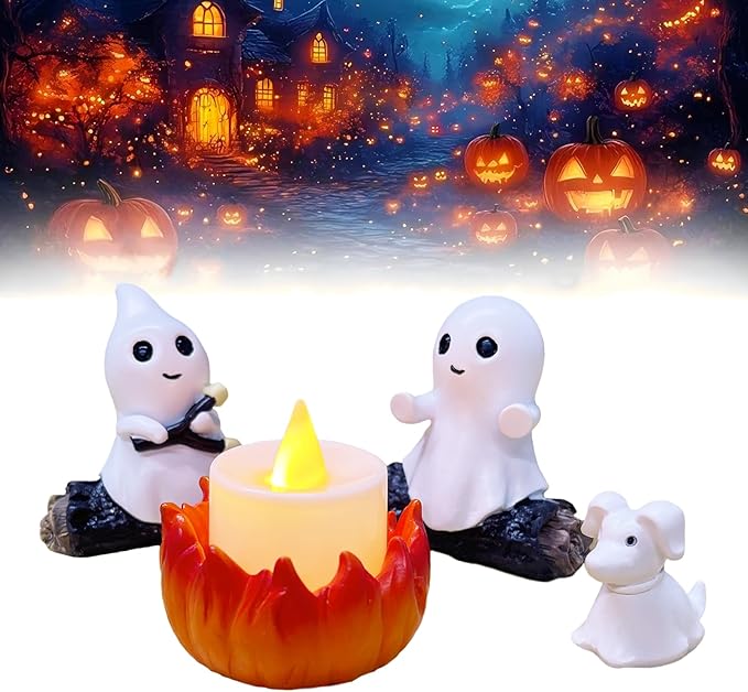 2025 Ghost Campfire Nightlight, Cute Halloween Ghost Figurine, Spooky Ghost Halloween Decorations, Adorable Halloween Decor Indoor for Home Mantel Tabletop Party (with Dog)