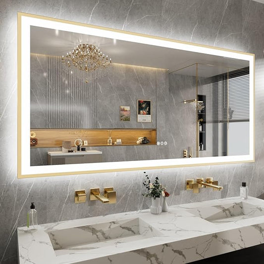72x36 LED Bthroom Mirror with Gold Metal Frame, Dimmable Lighted Mirror with Backlit and Front-lit,LED Vanity Mirror for Wall, Memory Function, Tempered Glass, Anti-Fog