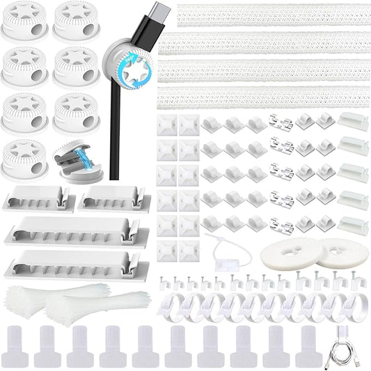 ELII 328Pcs Cable Management Kit, 8 Magnetic Cable Clips,69Adhesive Cable Holder,4 Cable Sleeve Split,22Reusable Cable Strap,200 Nylon Cable Zip Ties with 25 Mounts TV Home(White)