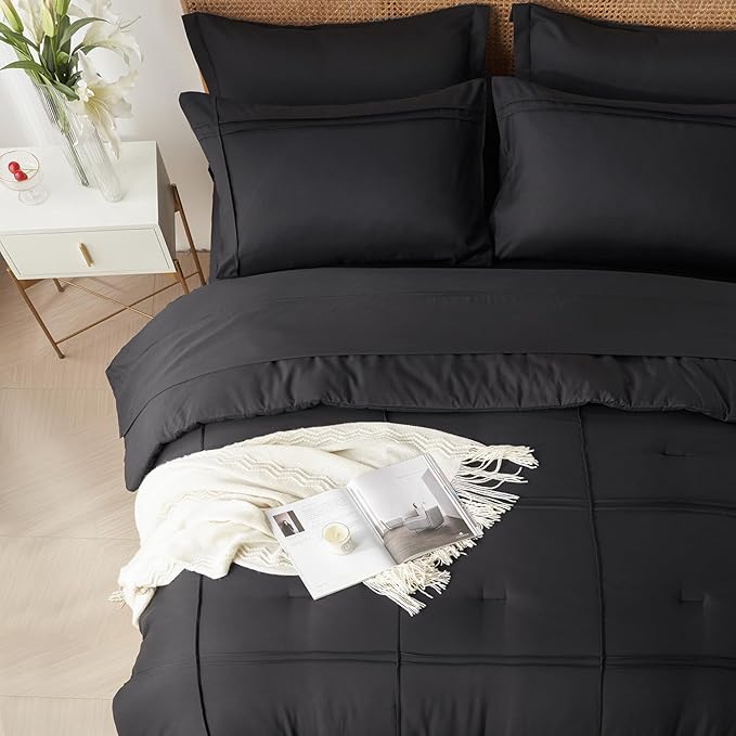 Yogeneg Full Size Comforter Set 7 Piece Bed in a Bag,Grid Pinch Pleat Black Bedding Set,Striped Textured Soft Microfiber Comforter with Sheet Set,All Season Complete Bed Set(Black,Full)