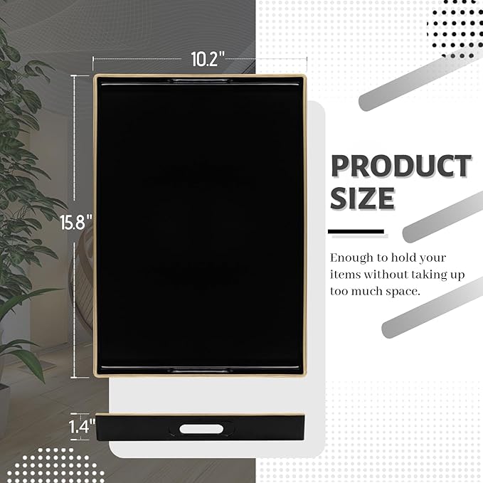 MAONAME Black Decorative Tray for Coffee Table, Modern Serving Tray with Handles, Plastic Rectangular Tea Tray for Ottoman, Bathroom Decor, 15.8” X 10.2” x1.4