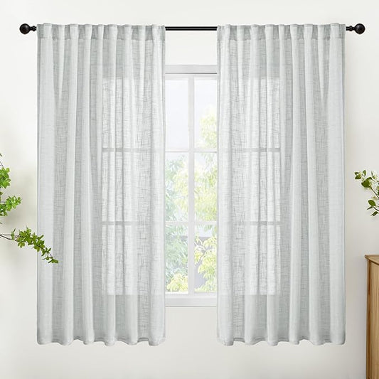 YoungsTex Light Grey Linen Curtains 63 Inch Length for Living Room, Semi Sheer Window Drapes Textured Light Filtering with Rod Pocket Back Tab for Bedroom, 2 Panels, 52 X 63 Inch