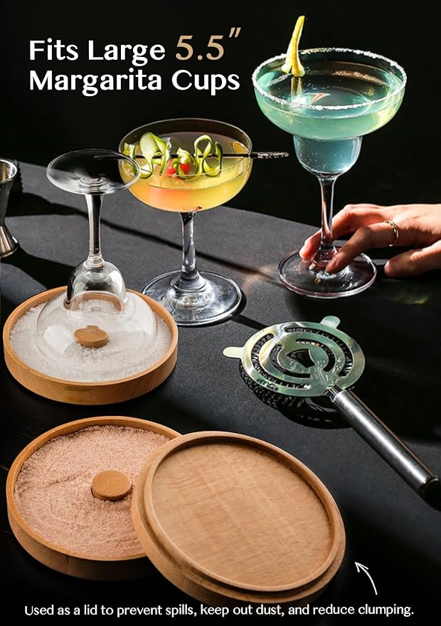 Nucookery 3-Tier Wood Bar Glass Rimmer, 5.6" Margarita Salt Rimmer Set, Sugar and Salt Rimmer Tray for Juice Cocktails, Bartender Bar Party Tool, Drinks Bar Accessories Box for Home Bar (Beech Wood)