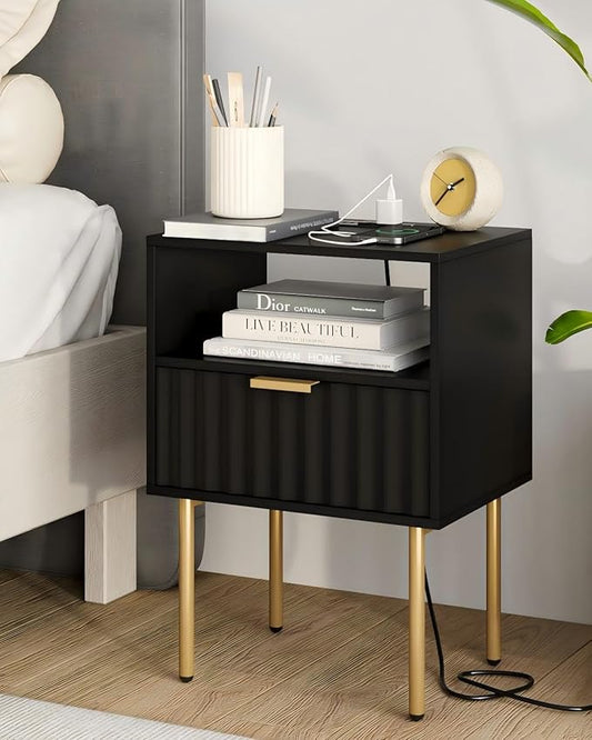 Masupu Nightstand with Charging Station,Mid-Century Modern Bedside Table with Storage Drawer and Open Wood Shelf,Small Gold Frame Side Table for Bedroom,Living Room (Black Fluted)