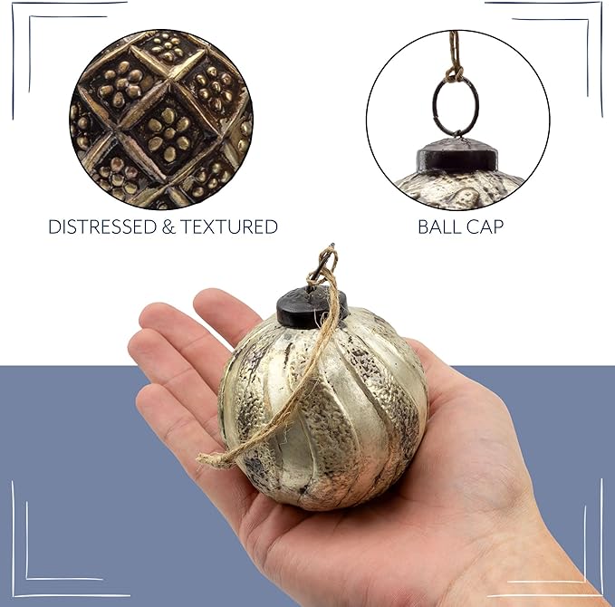 AuldHome Design Farmhouse Ball Ornaments (Set of 6, Antique Gold); Distressed Metal Glass Ball Vintage Style Christmas Decorations