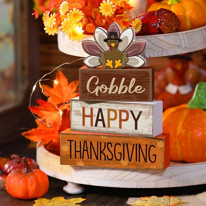 4 Pcs Fall Decorations for Home Thanksgiving Tiered Tray Decor Fall Table Decor Thanksgiving Centerpiece Rustic Wooden Turkey Block Sign for Autumn Harvest Party Table Kitchen Shelf
