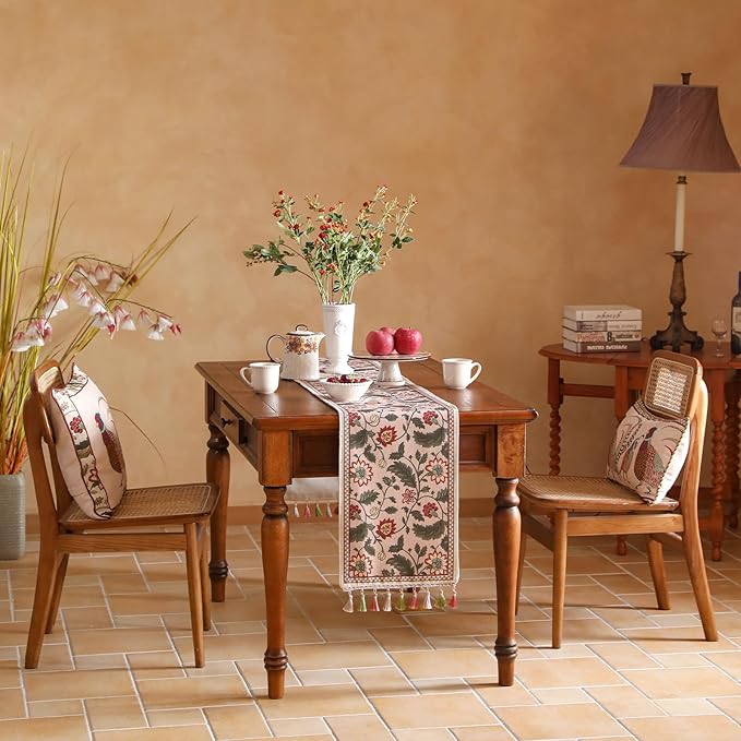 ISAENNE Designer Provence Elegant Linen Table Runner 71 Inches Long,Flower and Leaves Pattern Durable Table Runners for Dining Tables,Thanksgiving,Kitchen Tables,Christmas,12"*71"-Ratina