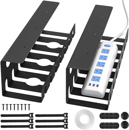 Delamu 2 Pack Metal Under Desk Cable Management Tray, U-Channel Cord Organizer Box, Office Under Desk Cord Organizers, Cable Management with Various Accessories, Black, 15.75 Inches