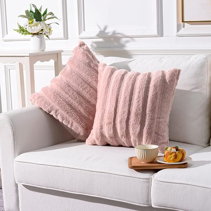 NEXHOME PRO Faux Fur Plush Throw Blanket Set with 2 Matching Square Pillow Covers, Luxurious & Fuzzy Soft Throw Blankets for Sofa,Chair, Couch, Living Room, Home Office 60"x80", Pink, 3PCS