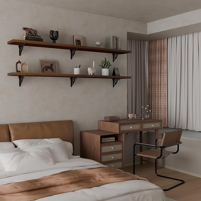 60 inch Long Floating Shelves for Wall,Solid Pine Wood Long Wall Shelves Set of 2,Walnut Color Bookshelf with Retro Iron Brackets for Living Room,Kitchen,Bathroom