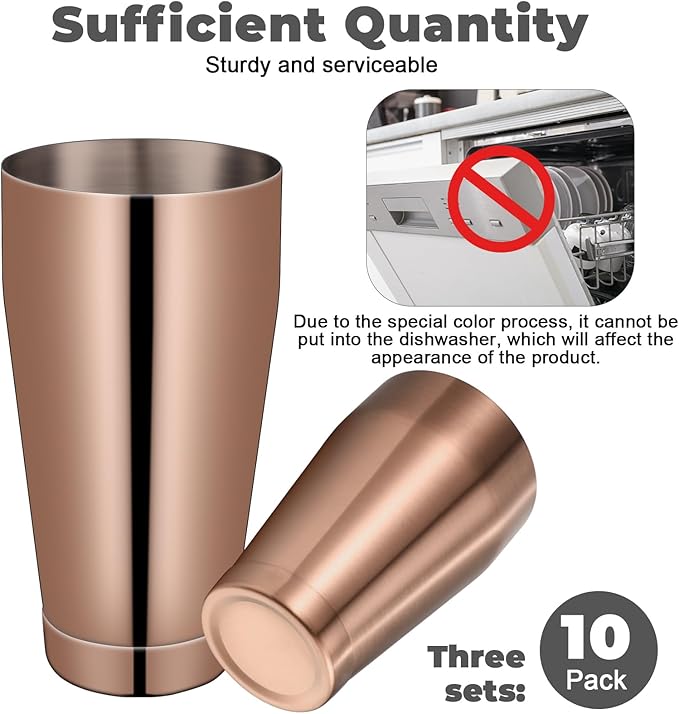 Lallisa 10 Pieces Cocktail Shakers Professional Bar Boston Shaker Set Stainless Steel Martini Shaker Drink Mixer Basic Tools Weighted Shake Metal Can for Bartenders, 18 Oz, 28 oz(Copper)