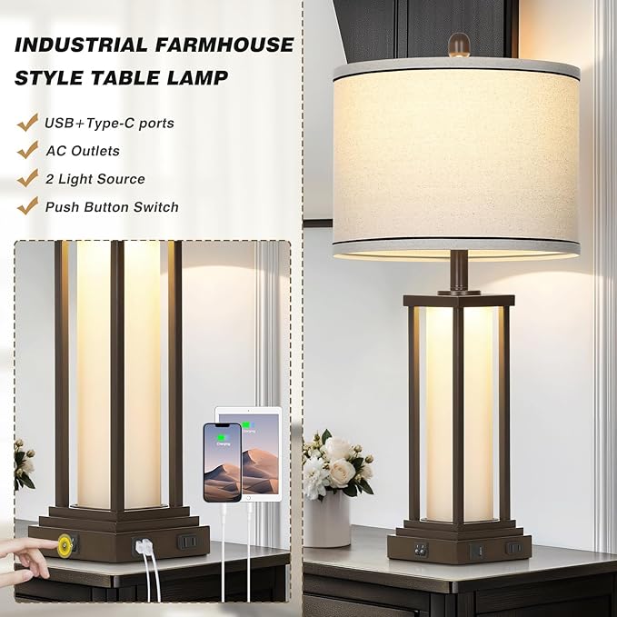 27" Tall Vintage Table Lamps with USB C+A & Outlet,Brown End Table Lamp Set of 2 for Living Room,Rustic Bedside Lamps with Frosted Glass Night Light for Bedroom Nightstand,Oil-Rubbed Bronze