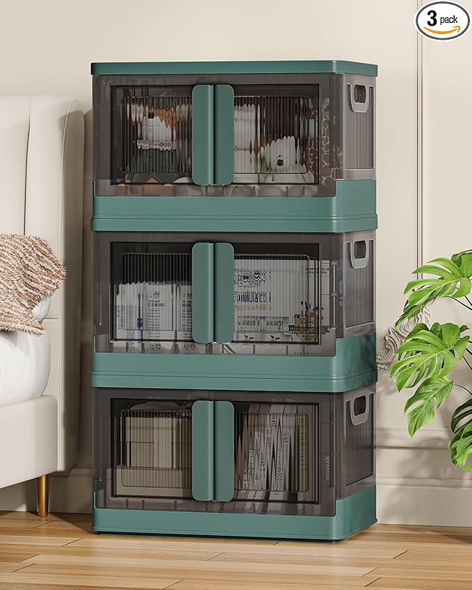 8.4Gal Collapsible Storage Bins with Lids & Wheels - 3 Pack Stackable with Doors, Heavy-Duty Plastic Containers for Home/Office, Green