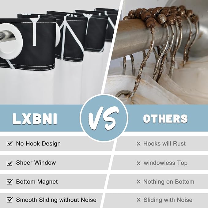 No Hook Geometric Striped Shower Curtain with Snap in Liner Set - Hotel Shower Curtain and Liner Set with See Through Mesh Top Window,Machine Washable, 71x74 INCH - Black White Herringbone