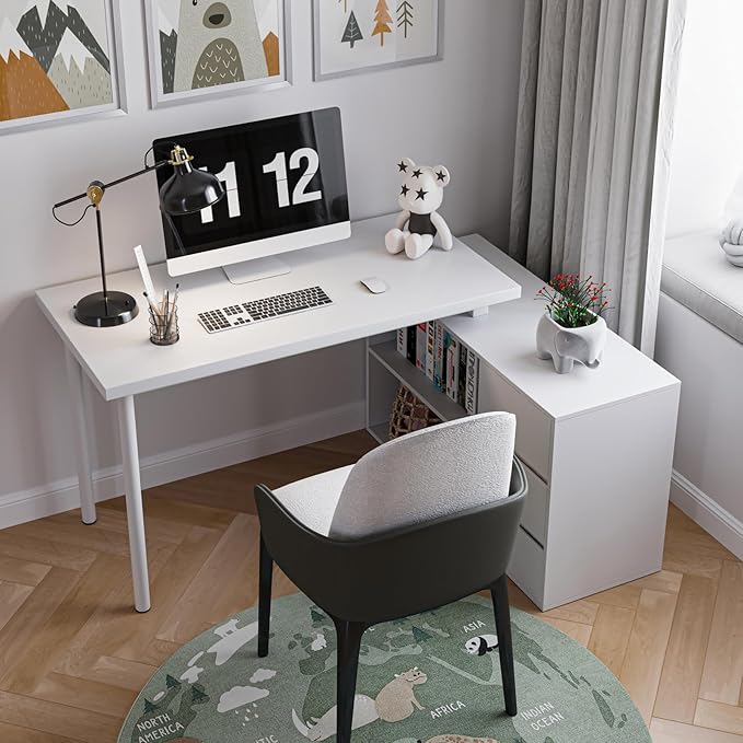 L Shape Computer Desk with 3 Drawers and 2 Shelves, Home Office Desk Corner Small Desk with Storage Cabinet for Writing Study Executive – White