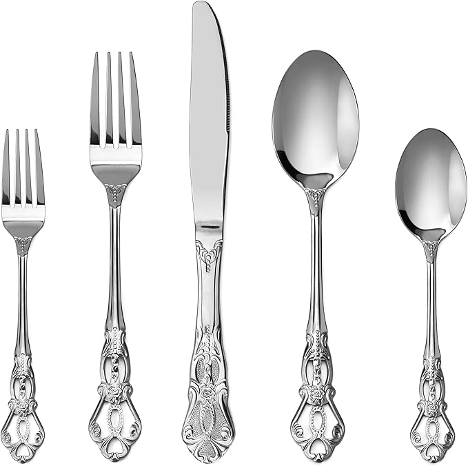 Silverware Set, 30 Pieces Retro Royal Silverware Set for 6, Anti-rust Stainless Steel Flatware Set Including Fork Spoon and Knife, Dishwasher Safe, Silver