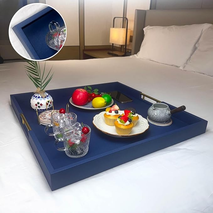 24x24 Inches Extra Large Blue Faux Leather Wrapped Wood Ottoman Tray with Golden Handles for Serving Food and Breakfast On Bed, Square Coffee Table Organizer, Home Decor and Decorative