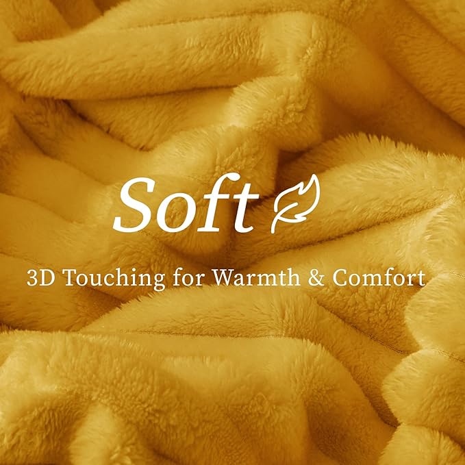 BEDELITE Fleece Throw Blanket for Couch - 300GSM Soft & Warm Fluffy Mustard Yellow Blanket, Decorative and Giftable Striped Blankets for Women, Men, 50"x60"