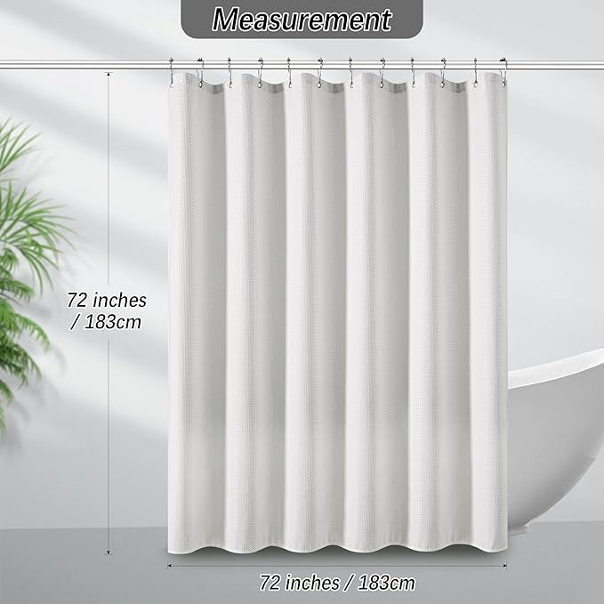 White Shower Curtain 256GSM Weighted Waffle Water Repellent Heavy Duty Fabric, Machine Washable Hotel Quality Bathroom Shower Curtain Set with 12 Metal Hooks, 72Wx72H