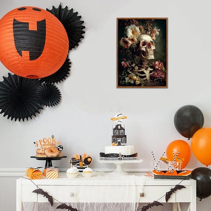 LHIUEM 12”x16”Halloween Gothic Skull Framed Painting Creepy Spooky Skeleton Flowers Decor Romantic Rose Wall Decor Dark Goth Skull Canvas Wall Art Vintage Halloween Skeleton Picture for Home Gallery