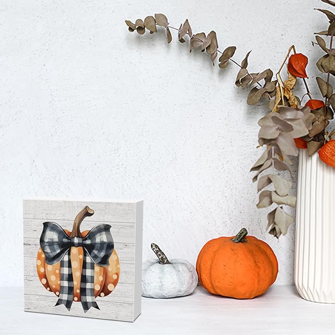 Fall Decor Polka Dots Pumpkins Bow Striped Plaid Wooden Box Gifts Thanksgiving Decorations for Home Indoor Wood Square Sign Desk Block Signs Home Shelf Office Decoration 5 x 5 Inches Tub1905