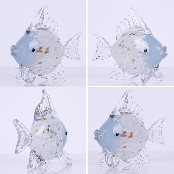 9.4 in Blown Colored Glass Fish Statue, Blue Glass Fish Paperweight Sculpture for Modern Home Decor, Living Room Coffee Table, Office Desk, Dining Table Centerpiece (C)