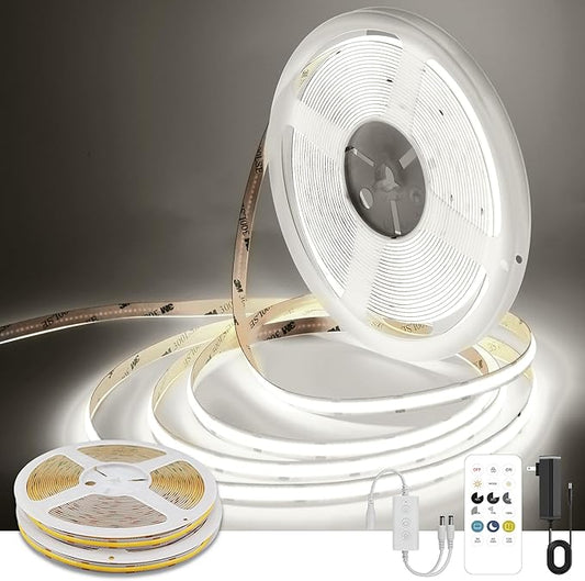 COB LED Strip Lights Cool White,24V Dimmable led Light Strip KIT with Remote and app Control,6000K 65FT/20m 8mm Wide Ra>90 Cuttable Flexible Strip Lights for Bedroom,Shelf,Cabinet