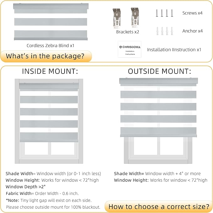 ChrisDowa Cordless Zebra Blinds for Windows, Dual Layer Free-Stop Light Filtering Window Roller Shades, Pull Down Privacy Zebra Shades for Home, Office, Bedroom, Door (30" W x 72" H, Light Grey)