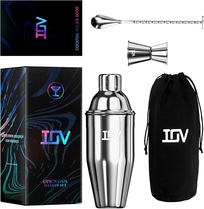 IOV Cocktail Shaker Bar Set, 24oz Martini Shaker with Built-in Strainer, Bar Tool Kit with Recipes Booklet, Professional Stainless Steel Large Bartender Drink Shaker Margarita Alcohol Mixer- Silver