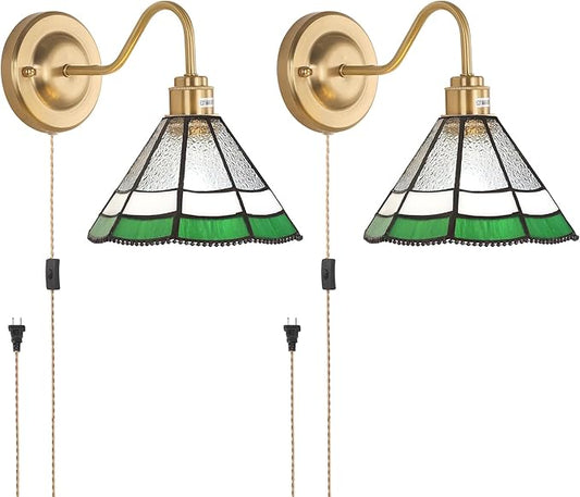 Plug in Wall Sconces Set of 2, Vintage Wall Lamps with Green Multilayer Petal Stained Glass Shade, Brass Lights Fixture Decor for Bedroom Bathroom Living Room Hallway